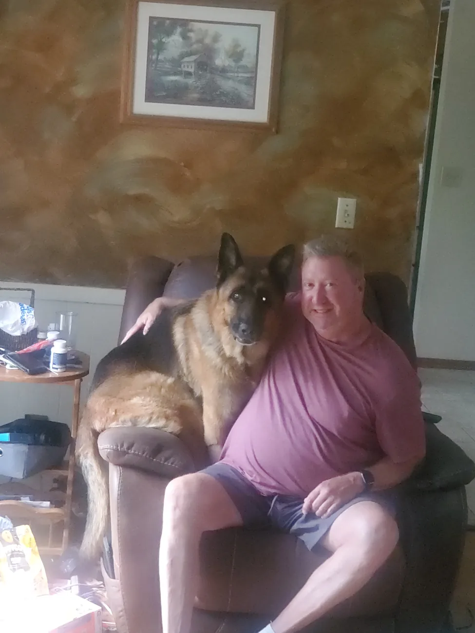 The Shepherd fully draped across the recliner, Michael entirely unbothered